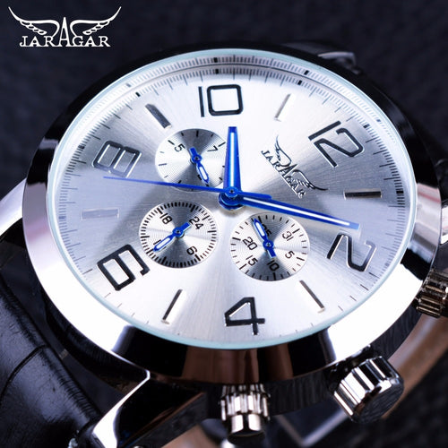 Jaragar 6 Blue Hands Display Fashion Design Silver Case Leather Strap Watch