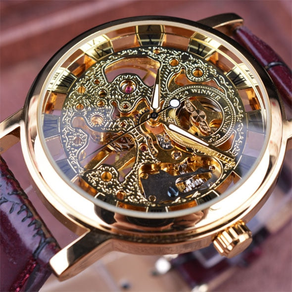 Winner Royal Carving Skeleton Brown Leather Strap Transparent Thin Case Watch