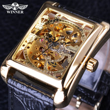 Load image into Gallery viewer, Winner 2019 Retro Casual Series Rectangle Dial Design Golden Pattern Hollow Skeleton Watch