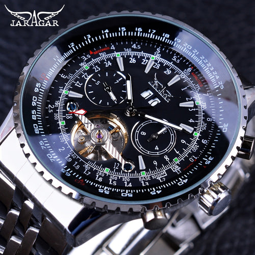 Jaragar Aviator Series Silver Stainless Steel Toubillion Design Scale Dial Watch