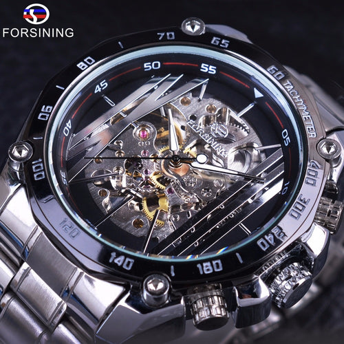 Forsining Military Sport Design Transparent Skeleton Dial Silver Stainless Steel Watch