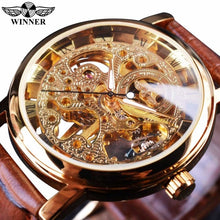 Load image into Gallery viewer, Winner Royal Carving Skeleton Brown Leather Strap Transparent Thin Case Watch