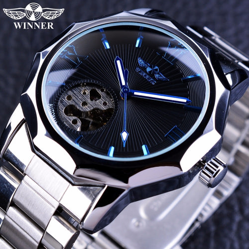 Winner Blue Ocean Geometry Design Stainless Steel Luxury Small Dial Skeleton Watch