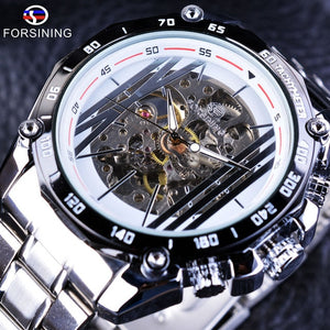 Forsining Military Sport Design Transparent Skeleton Dial Silver Stainless Steel Watch