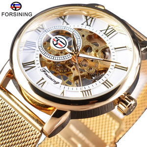 Forsining Transparent Case  Fashion 3D Logo Engraving Golden Watch