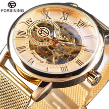Load image into Gallery viewer, Forsining Transparent Case  Fashion 3D Logo Engraving Golden Watch