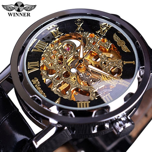 Winner Black Gold Male Clock Men Relogios Skeleton Watch
