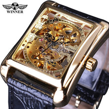Load image into Gallery viewer, Winner 2019 Retro Casual Series Rectangle Dial Design Golden Pattern Hollow Skeleton Watch