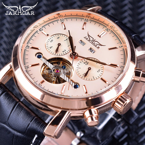 Jaragar Rose Golden Tourbillion Genuine Belt Mens Business Wristwatch Creative Watch
