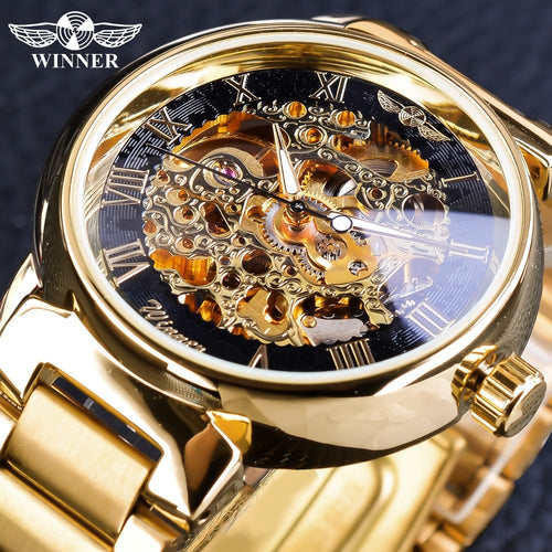 Retro Roman Gold Skeleton Mechanical Luminous Hands Relogio Winner Stainless Steel Transparent Watch