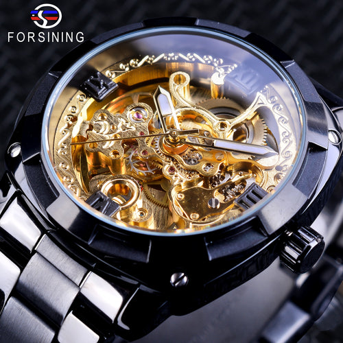 Forsining Retro Design Golden Skeleton Black Stainless Steel Transparent Watch