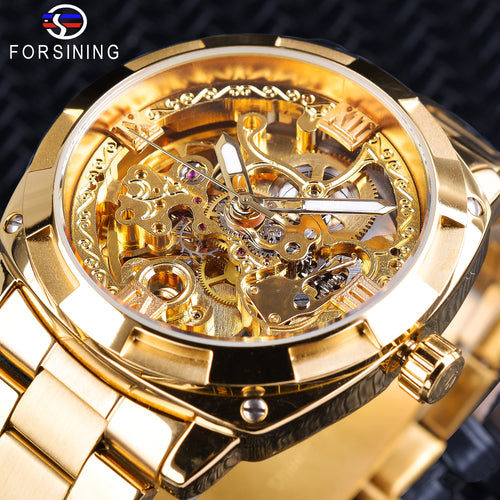 Forsining Retro Men's Automatic Mechanical  Full Golden Design Luminous Hands Skeleton Watch