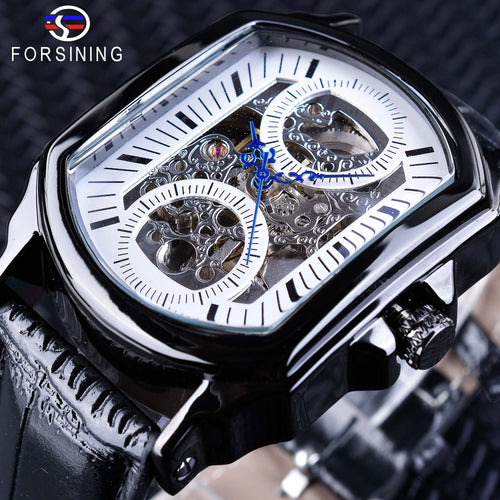 Forsining Retro Fashion Blue Hands Clock Openwork Men's Mechanical White Skeleton Relogio Masculino Watch