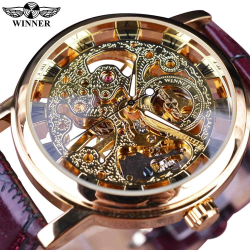 Winner Royal Carving Skeleton Brown Leather Strap Transparent Thin Case Watch