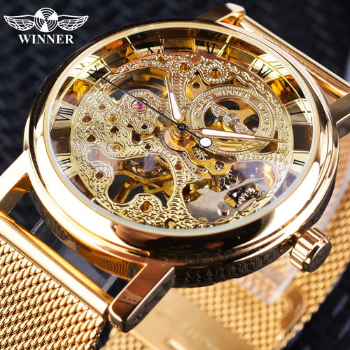 Winner Thin Case Full Golden Design Retro Openwork Clock Mesh Band Men's Mechanical Watch