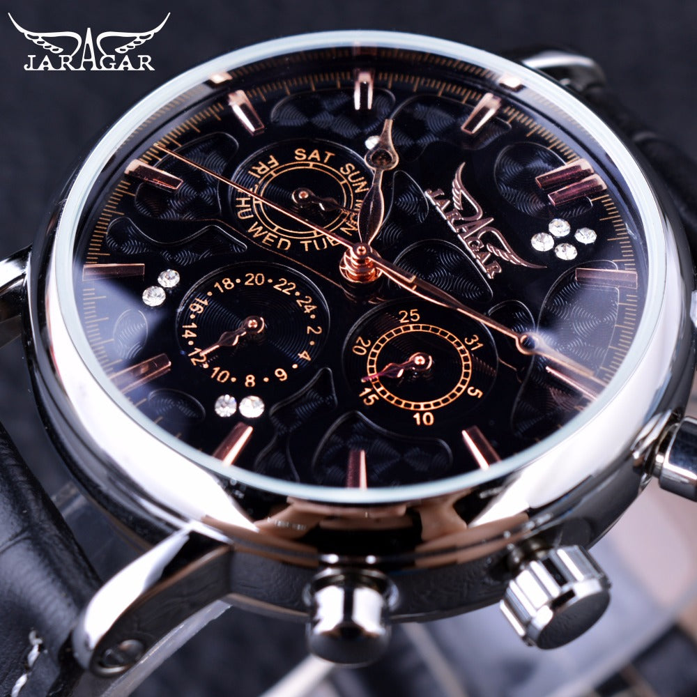 Jaragar Obscure Swirl Fashion 3 Dial Design Diamond Black Golden Dial Genuine Leather Watch