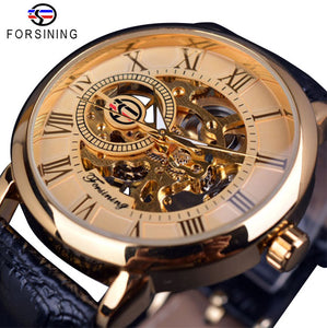 Forsining 3d Logo Design Hollow Engraving Black Gold Case Leather Skeleton Watch