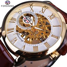 Load image into Gallery viewer, Forsining 3d Logo Design Hollow Engraving Black Gold Case Leather Skeleton Watch