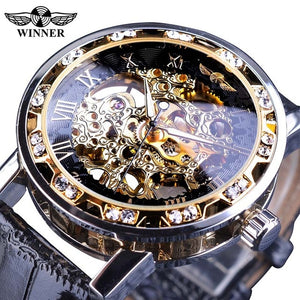 Winner Black Golden Retro Luminous Hands Fashion Diamond Display Watch