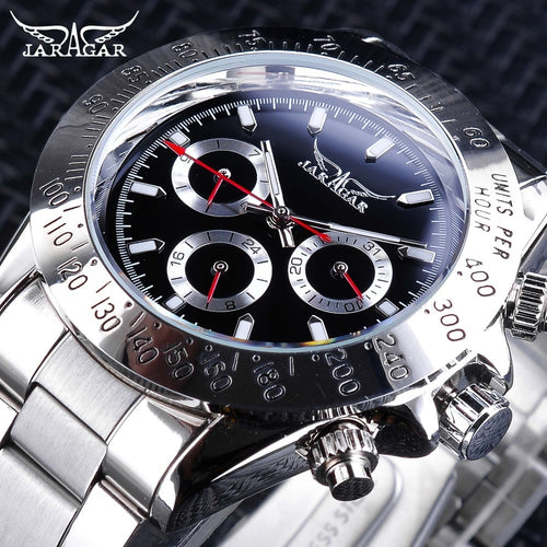 Jaragar Sport Watches Red Hands Silver Stainless Steel Number Bezel Design Week Month Display Luminous Watch