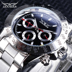 Jaragar Sport Watches Red Hands Silver Stainless Steel Number Bezel Design Week Month Display Luminous Watch