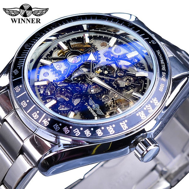 Winner Blue Glass Gear Movement Transparent Mechanical Watch