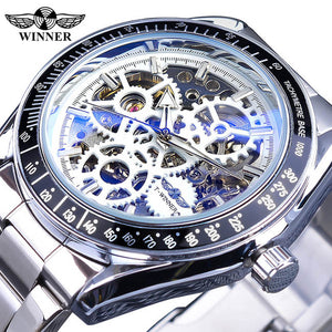 Winner Blue Glass Gear Movement Transparent Mechanical Watch