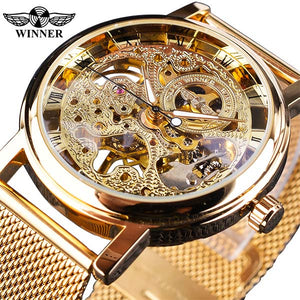 Winner Thin Case Full Golden Design Retro Openwork Clock Mesh Band Men's Mechanical Watch