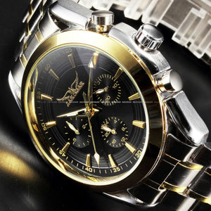 Jaragar New Black Golden Case Stainless Steel Multifunction Day Date 24 Hours Display Watch