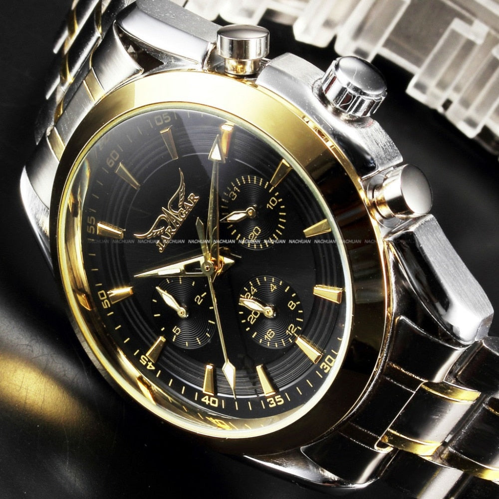 Jaragar New Black Golden Case Stainless Steel Multifunction Day Date 24 Hours Display Watch