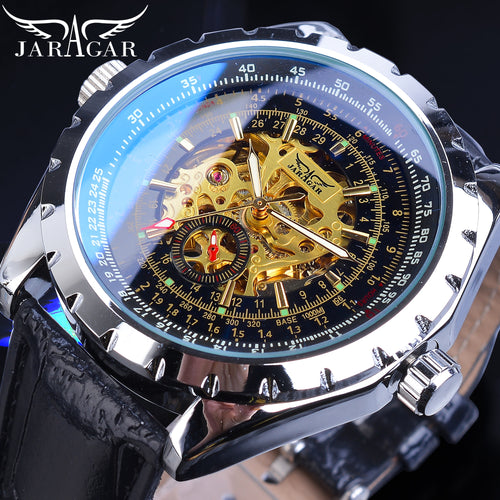 Jaragar Golden Skeleton Mens Watch Automatic Self-Wind Silver Bezel Mechanical Sport Leather Strap Watch